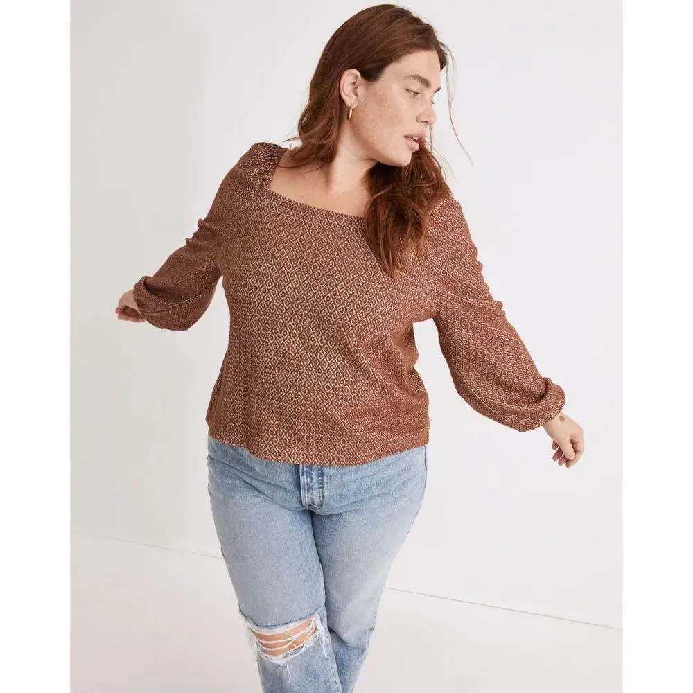 Madewell Jacquard Puff-Sleeve Crop Top Dark Merlot Size M